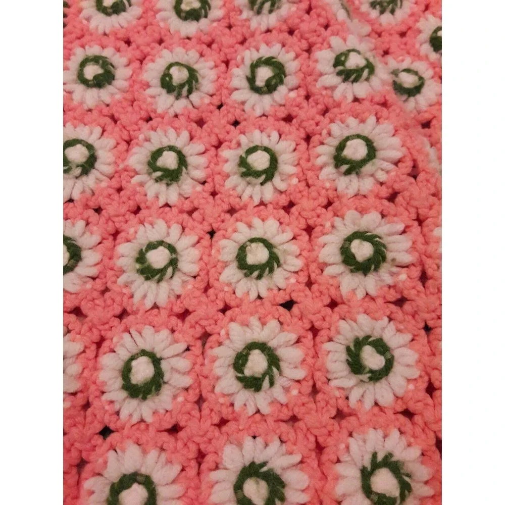 Vintage Crochet Pink Green Daisy Afghan Boho Blanket Lilly 70s Afghan